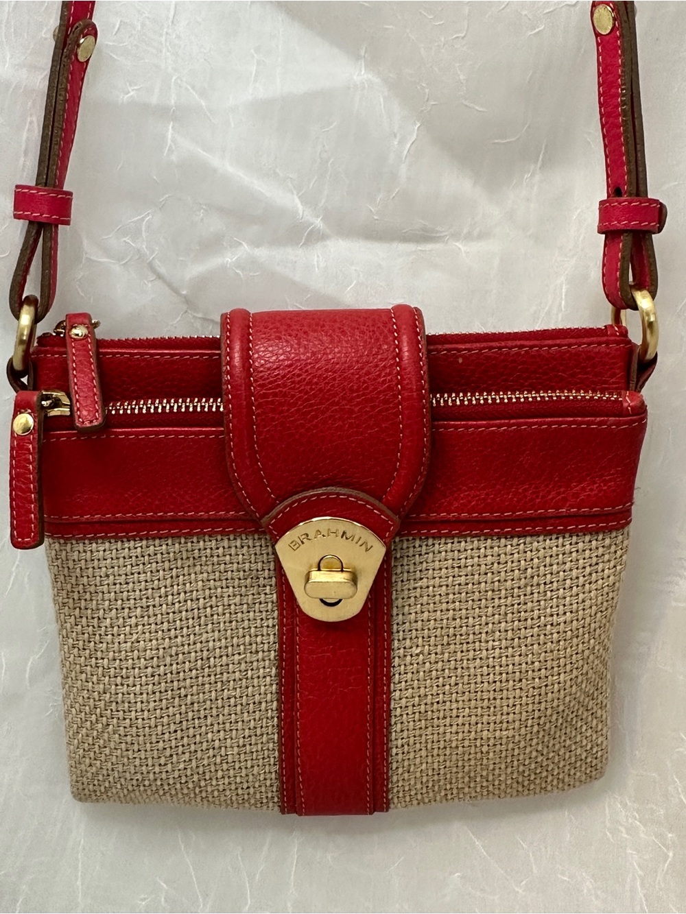 Brahmin Red Leather & Natural Woven Crossbody Vintage Rare